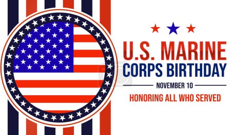 Foto de U.S. Marine Corps Diseño patriótico de fondo de cumpleaños con bandera de Estados Unidos en el lado y tipografía. 10 de noviembre se observa para celebrar brithday del Cuerpo de Marines - Imagen libre de derechos