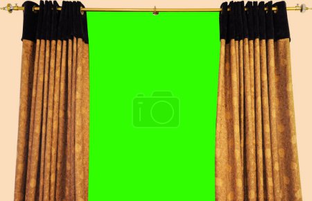 Téléchargez les photos : Rideaux avec écran vert pour la saisie, la conception de toile de fond. Rideaux dorés ouverts pour la saisie avec écran vert - en image libre de droit