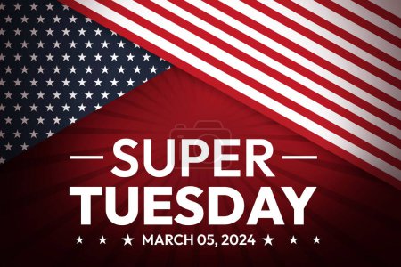Foto de Super Tuesday 2024 concepto de telón de fondo de las elecciones presidenciales con bandera estadounidense y tipografía bajo ella. - Imagen libre de derechos