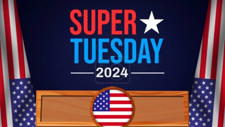 Hintergrunddesign der Präsidentschaftswahl am Super Tuesday 2024 mit patriotischen Fahnen und Typografie in der Mitte. Hintergrund der US-Wahlen