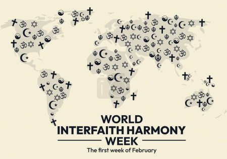 Die erste volle Woche im Februar wird als Interfaith Harmony Week begangen, moderne abstrakte religiöse Zeichen und Typografie