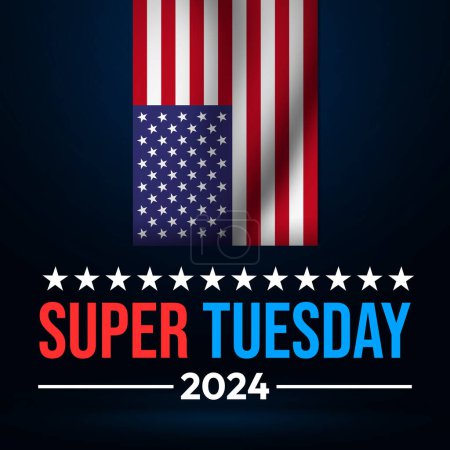 Bandera de los Estados Unidos ondeando y tipografía Super Tuesday 2024 bajo ella, diseño de telón de fondo de las elecciones. Elecciones presidenciales 2024 concepto deisgn
