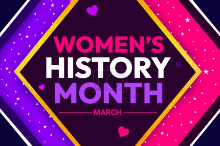 Bunte Women 's History Month Wallpaper mit glitzerndem Rand und Typografie im Karton. März wird als Frauenmonat gefeiert