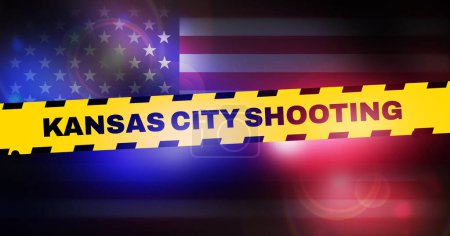 Kansas City Shooting concept background with police lights and waving flag behind. Yellow alert line news concept backdrop
