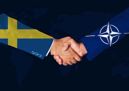 Photo for Sweden Joins Nato, Editorial Latest News backdrop with Handshake. NATO and Sweden Handshaking concept backdrop - Royalty Free Image