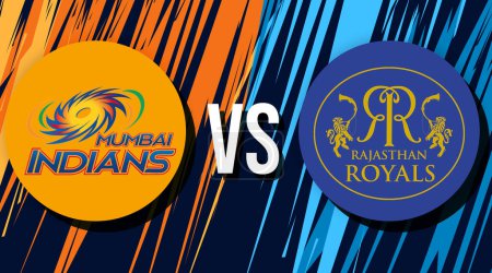 Photo for Mumbai Indians Vs Rajasthan Royals Cricket Match Fixture background, editorial sports backdrop - Royalty Free Image