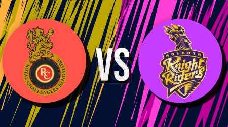 Photo for Royal Challengers Bangalore Vs Kolkata Knight Riders Cricket Match fixture editorial background. Sports IPL concept design - Royalty Free Image