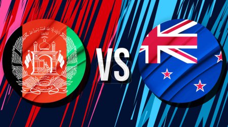 Afganistán vs Nueva Zelanda Cricket partido de fondo con formas coloridas y banderas en ambos lados