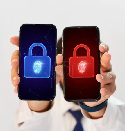 Biometric Verification on smartphone concept background with person holding mobiles. Red and blue verification concept backdrop