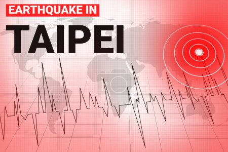 Erdbeben in Taipeh Hintergrund mit alarmierender roter Seismographie und Markierung auf der Karte, Hintergrund. Starkes Konzept für Erdbebennachrichten