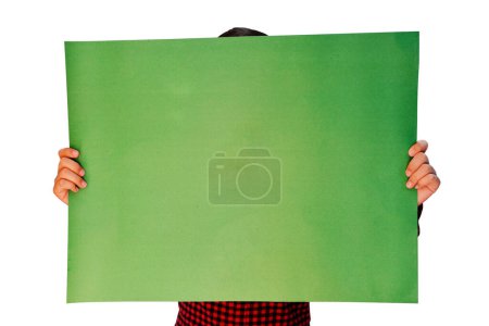 Photo for Man showing Green Screen poster in hand with isolated space on white backdrop - Royalty Free Image