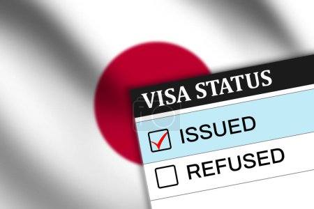 Japan waving flag and visa issue status on paper background. Visa issued wallpaper