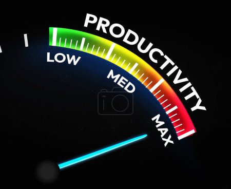 Maximizing productivity speedometer wallpaper design with needle on the max, colorful backdrop.