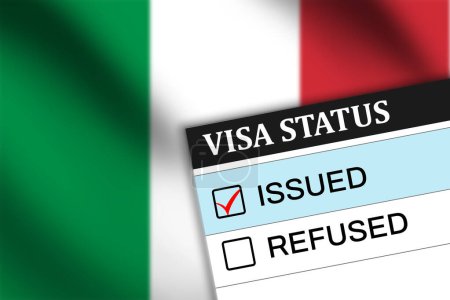Italie visa délivré avec le drapeau agitant en arrière-plan
