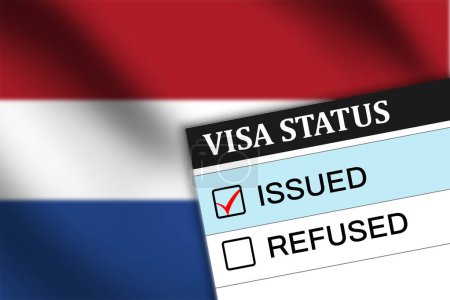 Netherlands visa issued showing on paper background. Visa of netherland status in blue color with flag
