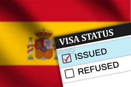 Téléchargez les photos : Espagne visa délivré sur papier avec drapeau en toile de fond - en image libre de droit