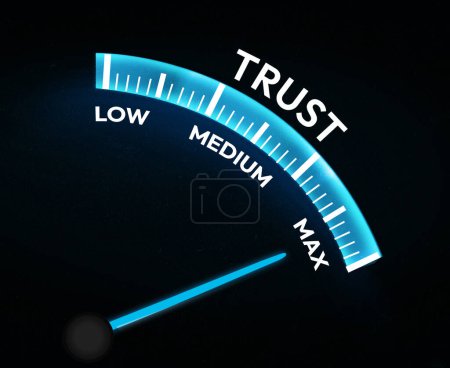 Foto de Velocímetro de nivel de confianza en color azul que muestra la aguja en el punto máximo, diseño de fondo - Imagen libre de derechos