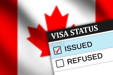 Téléchargez les photos : Visa du Canada délivré sur papier avec drapeau agitant en toile de fond - en image libre de droit