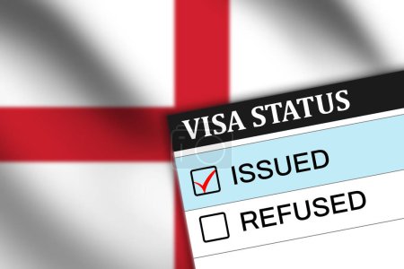 Téléchargez les photos : Angleterre Visa papier émis avec surbrillance bleue et marque rouge à l'intérieur de la boîte - en image libre de droit