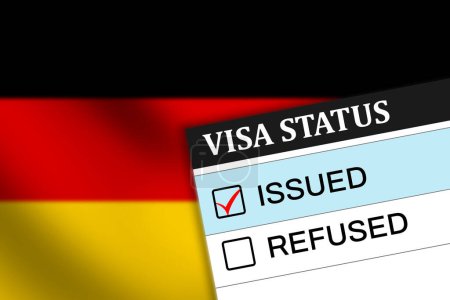 Téléchargez les photos : Allemagne problème de visa avec coche rouge dans la case, agitant drapeau dans le contexte - en image libre de droit