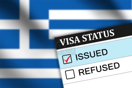 Greece Visa status issued showing on paper and flag in the background