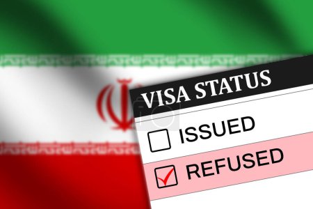 Iran visa rejection concept with waving flag in the backdrop. Visa of Iran refused, status showing on  paper