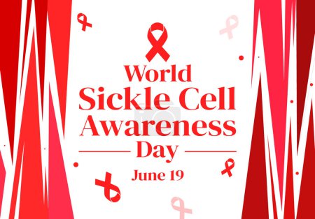 19 juin est observé comme conception de fond Journée mondiale de sensibilisation à la drépanocytose avec rubans rouges et typographie.