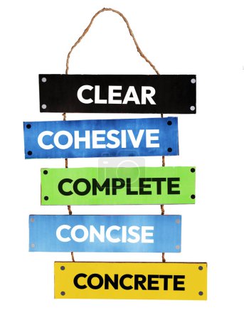 Five C's of communication written on the wooden frame, background. Hanging wooden frame with colorful plates showing communication ways