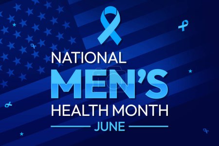 Der Juni wird als Nationaler Monat der Männergesundheit begangen, blaues Band entlang der Flagge und Schrift in der Mitte. Der Männermonat Juni wird als Nationaler Monat der Männergesundheit bezeichnet, blaues Band entlang der Flagge und Typografie in der Mitte. Männermonatsrückstand