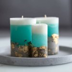 Decorative candles on a concrete base on a marble table in a room. Modern interior in the living room. Close-up. Photo