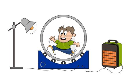 Ilustración de Energy and gas saving in Europe. Saving energy for a Safe Winter theme cartoon. Energy-related joke. Young man generates electricity from running - Imagen libre de derechos