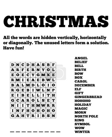 Illustration for Christmas wordsearch game on white background. Crossword about winter holidays. Printable worksheet for learning English. - Royalty Free Image