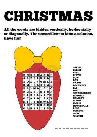 Illustration for Christmas wordsearch game on white background. Crossword about winter holidays. Printable worksheet for learning English. - Royalty Free Image