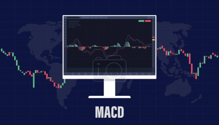 Ilustración de Macd Mover indicador de divergencia media de convergencia para el comercio de valores con pantalla grande y vela palo con ilustración de vectores de estilo plano moderno - Imagen libre de derechos