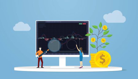 Illustration for Macd Moving Average Convergence Divergence indicator for stock market trading with big screen and candle stick with people analyze screen monitor modern flat style vector illustration - Royalty Free Image