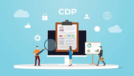 cdp Kundendatenplattform-Konzept mit Menschen zur Analyse von Daten mit Icon und Computer mit moderner flacher Vektordarstellung