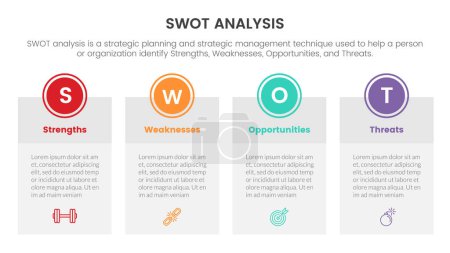 Téléchargez les illustrations : Swot analysis for strengths weaknesses opportunity threats concept with table box for infographic template banner with four point list information vector - en licence libre de droit