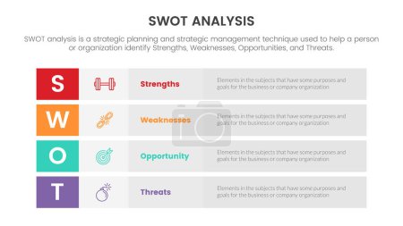 Téléchargez les illustrations : Swot analysis for strengths weaknesses opportunity threats concept with vertical layout table for infographic template banner with four point list information vector - en licence libre de droit