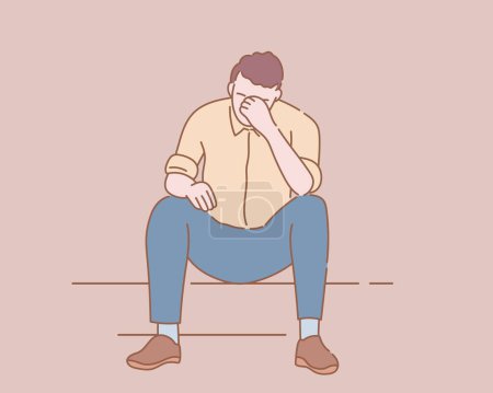 Ilustración de Tired and stress businessman sit down on steps stairs with outline or line and clean simple style vector illustration - Imagen libre de derechos