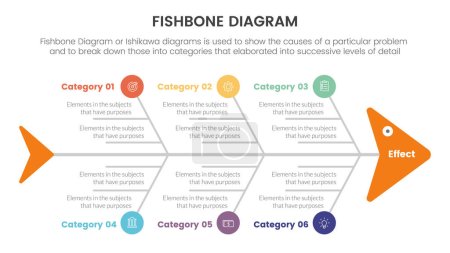Téléchargez les illustrations : Diagramme en arête de poisson infographie en forme de poisson avec grand cercle et concept d'icône pour le vecteur de présentation de diapositives - en licence libre de droit