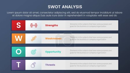 Illustration for Swot analysis concept with long box rectangle square information for infographic template banner with four point list information vector - Royalty Free Image
