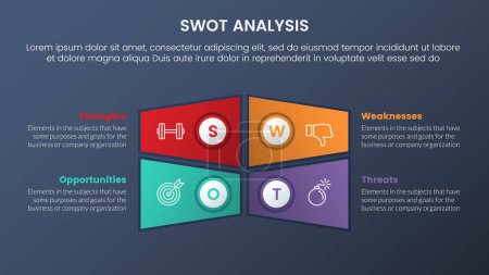 Illustration for Swot analysis concept with honeycomb shape horizontal big center shape unsymmetric information for infographic template banner with four point list information vector - Royalty Free Image