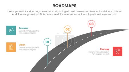 business roadmaps process framework infographic 3 stages with long highway road and light theme concept for slide presentation vector