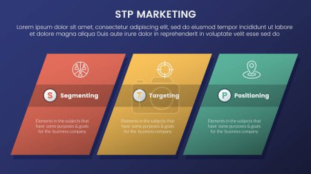 Illustration for Stp marketing strategy model for segmentation customer infographic 3 stages with rectangle skew or skewed and dark style gradient theme concept for slide presentation vector - Royalty Free Image