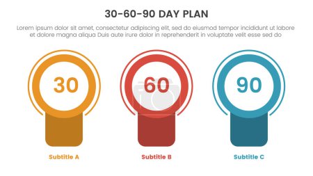 Illustration for 30-60-90 day plan management infographic 3 point stage template with badge circle banner shape concept for slide presentation vector illustration - Royalty Free Image