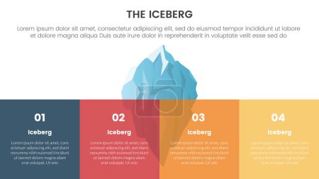 Téléchargez les illustrations : Iceberg métaphore pour les faits cachés modèle pensée infographie avec 4 carrés boîte information forme concept pour diapositive présentation vectoriel illustration - en licence libre de droit