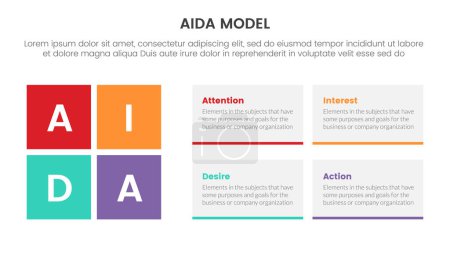 Illustration for Aida model for attention interest desire action infographic concept with rectangle box shape 4 points for slide presentation style vector illustration - Royalty Free Image