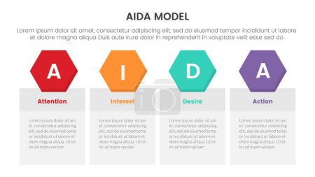 Ilustración de Aida modelo para atención interés deseo acción infografía concepto con hexágono y cuadro de la tabla 4 puntos para la presentación de diapositivas estilo vector ilustración - Imagen libre de derechos