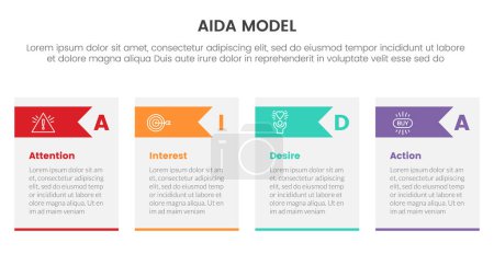 Ilustración de Aida model for attention interest desire action infographic concept with long row table box for slide presentation with flat icon style vector - Imagen libre de derechos
