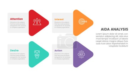 Illustration for Aida model for attention interest desire action infographic concept with arrow shape combination 4 points for slide presentation style vector illustration - Royalty Free Image